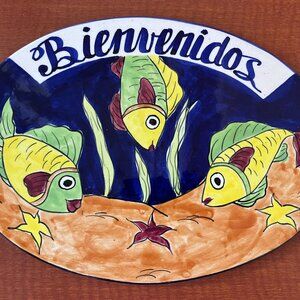 BIENVENIDOS WELCOME PLAQUE HAND PAINTED MEXICAN CERAMIC TALAVERA